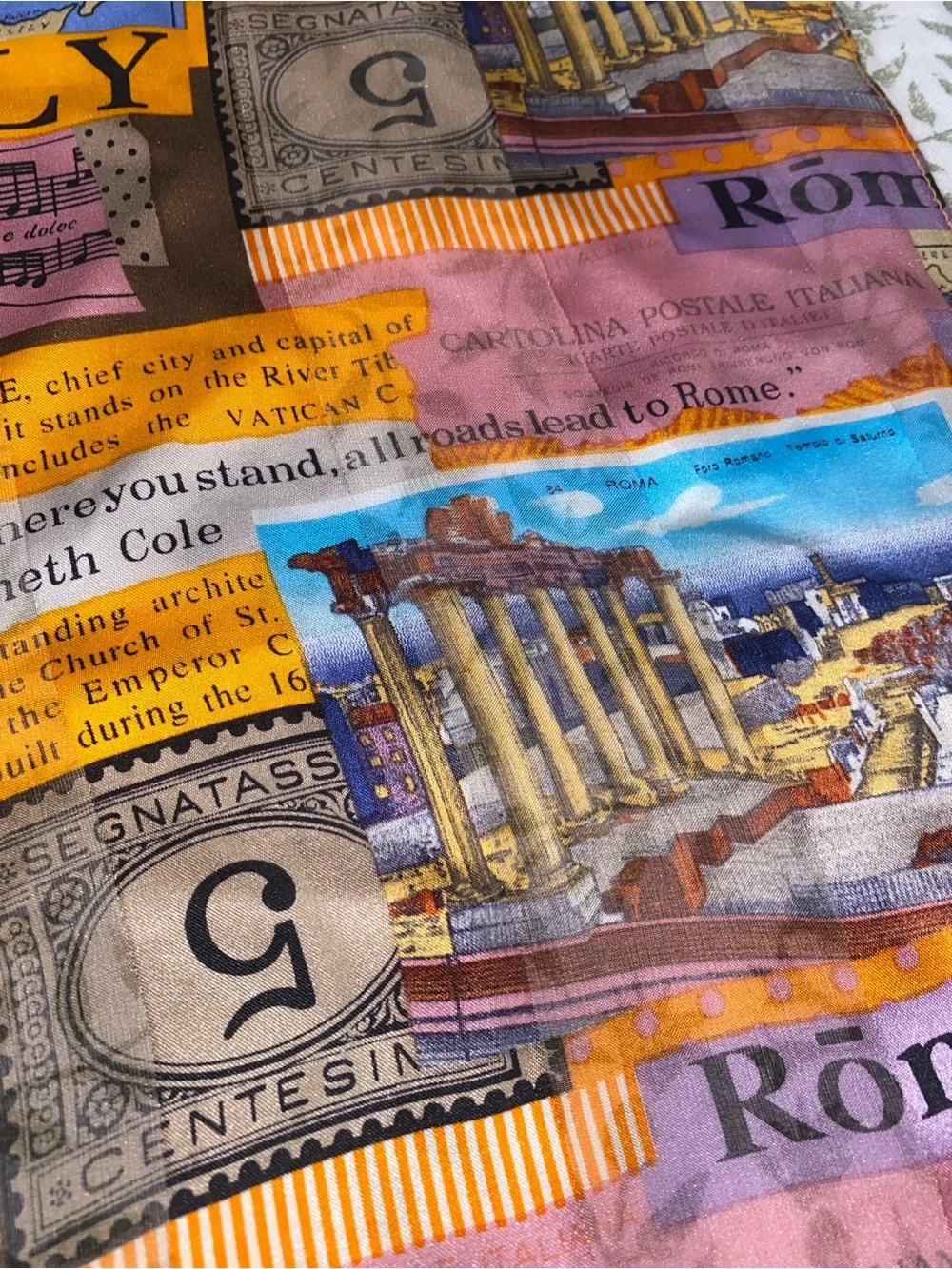 Kenneth Cole Italy Print Satin Scarf in Yellow, Blue, Purple, Brown‎